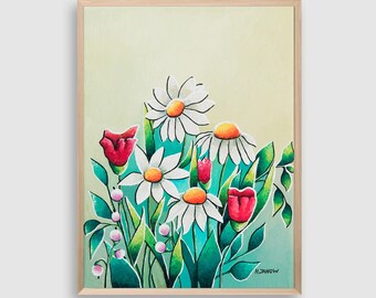 Original Flower Painting: Whimsical Summer Tulips Daisies Wildflower Wall Art (9x12)