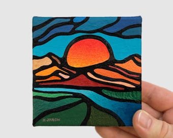 Sunset Tiny Original Acrylic Painting: Mountain Wall Art, Abstract Landscape, Orange Blue (4x4)