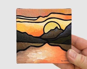 Original Lake Tahoe Tiny Painting: Mid-Century Modern Mountain Landscape Miniature Art, 4x4