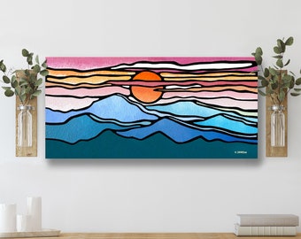 Sunset Blue Ridge Mountain Art Original Acrylic Mountain Painting on Canvas, Mid Century Modern Wall Art, Large Blue Home Decor