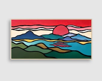 Original Red Sunset Mountain Painting: Mid-Century Modern Landscape Art (15x30)