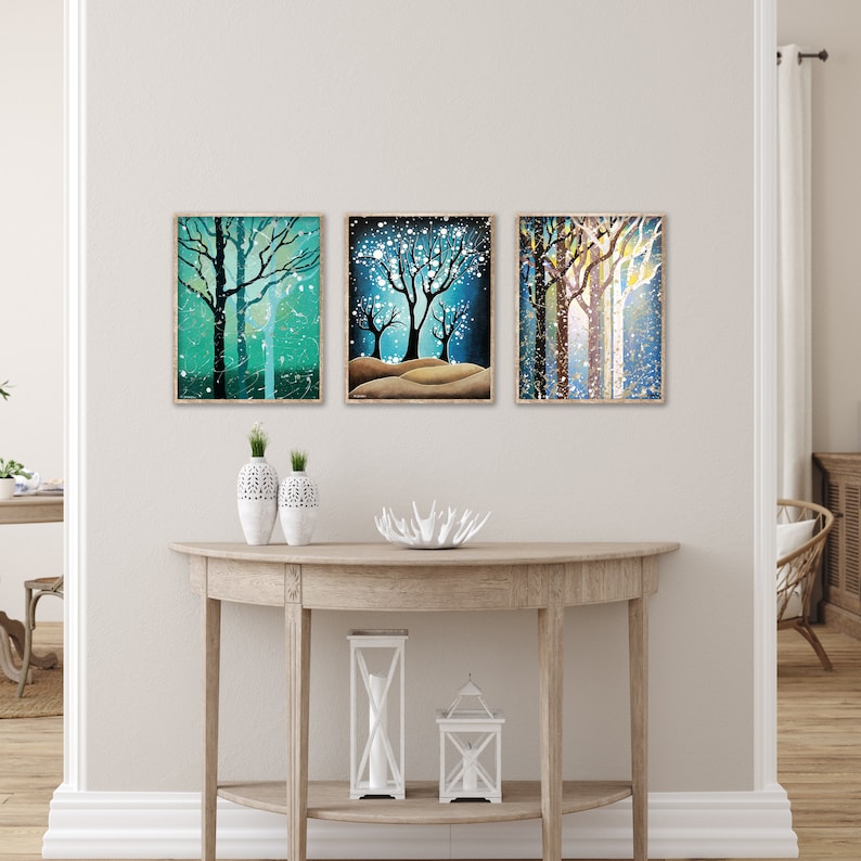 Set of 3 Prints Contemporary Woodland Decor Blue Brown Turquoise Home Decor Tree Wall Art Winter Trees Wall Art Tree Art Prints