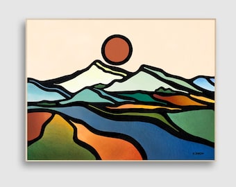 Original Acrylic Mountain Painting, Mid Century Modern Landscape Wall Art 18x24