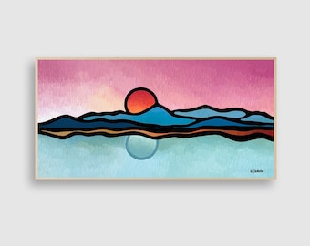 Original Seascape Acrylic Painting: Mid-Century Modern Minimalist Mountain Landscape Art (12x24)