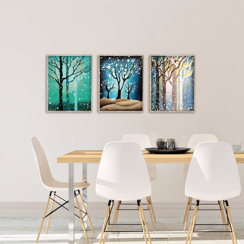 Set of 3 Prints Contemporary Woodland Decor Blue Brown Turquoise Home Decor Tree Wall Art Winter Trees Wall Art Tree Art Prints