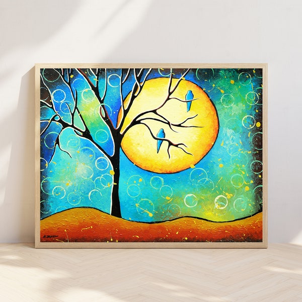 Full Moon Turquoise Wall Art Tree of Life Art Print, Abstract Landscape Teal Art, Modern Farmhouse Wall Decor, Whimsical Art