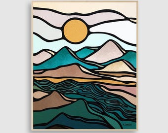 Northern California Landscape Painting: Original Mid-Century Modern Sun Mountain Wall Art (16x20)