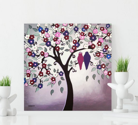 Love Birds In Tree Original Purple Bedroom Wall Art Wedding Art Gift Couples Gift Purple Wall Decor