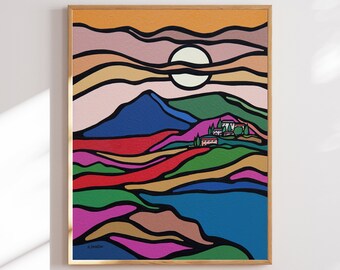 Original Mountain Art Mid Century Modern Wall Art Painting, Sun Mountain Wall Art, Nature Art, Scandinavian Art, Magenta Blue Wall Decor