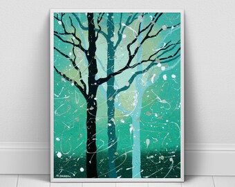 Tree Wall Art Print Turquoise Decor Minimalist Art, Abstract Landscape Woodland Wall Art, Snow Winter Art