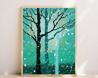 Tree Wall Art Print Turquoise Decor Minimalist Art, Abstract Landscape Woodland Wall Art, Snow Winter Art