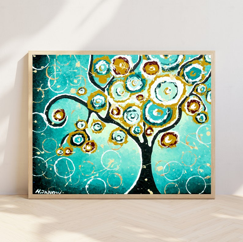 Tree of Life Print Brown Teal Wall Art, Turquoise Home Decor, Woodland Wall Art, Modern Farmhouse Wall Decor image 1