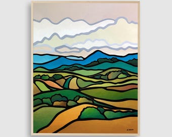 Earth Tone Rolling Hills Original Landscape Painting, Mid-Century Modern Mountain Wall Art (24x30)