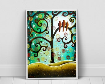 Turquoise Decor, Tree of Life Art Print, Bird Family Tree Art, Turquoise Poster, Birds in a Tree Print, Landscape Wall Art