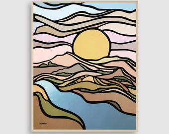 Abstract Mountain Landscape Painting: Mid-Century Modern Acrylic Wall Art (24x30)