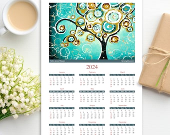 2024 Art Calendar Monthly Calendar 2024 Wall Calendar Nature Calendar, Tree of Life Fine Art Calendar, Turquoise Home Decor