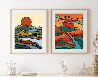 Mothers Day Gift Set of 2 Prints Sun Mountain Mid Century Modern Wall Art, Abstract Landscape Wall Decor, Nature Lover Gift