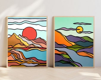 Set of 2 Prints Mid-Century Modern Wall Art, Abstract Mountain Art Prints, Nature Wall Art, Minimalist Landscape, Boho Wall Art
