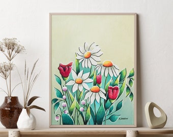 Mothers Day Gift Original Flower Painting Wildflower Wall Art, Bright Floral Painting, Colorful Flower Artwork, Modern Farmhouse Wall Decor