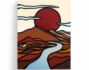 Red Sun Acrylic Painting: Mid-Century Modern Mountain River Valley Original Wall Art (18x24)