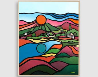 Original Mountain Landscape Painting, Colorful Countryside Wall Art, Hand Painted Acrylic Artwork (24x30)