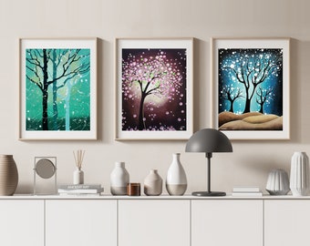 Tree of Life Wall Gallery Set of 3 Fine Art Prints, Woodland Forest Painting Nature Art, Abstract Landscape Wall Prints Set