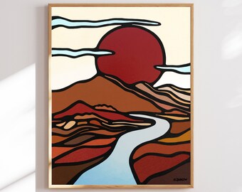 Abstract Mid Century Modern Wall Art, Rising Red Sun Over Mountain Range, Minimalist Boho Decor, Home Gift