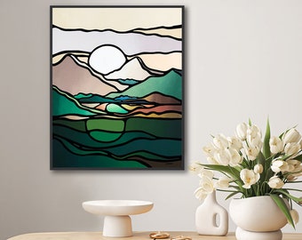 Original Mountain Painting Mid Century Modern Wall Art, Sun Mountain Wall Decor, Large Wall Decor Green Wall Art, Home Gift