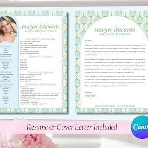 May include: A light blue resume and cover letter template with a floral design. The resume includes a photo, contact information, education, and activities. The cover letter is on the right. The text "Resume & Cover Letter Included" is at the bottom.
