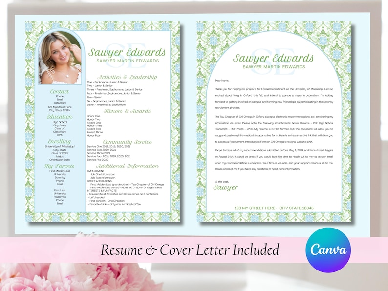 May include: A light blue resume and cover letter template with a floral design. The resume includes a photo, contact information, education, and activities. The cover letter is on the right. The text "Resume & Cover Letter Included" is at the bottom.