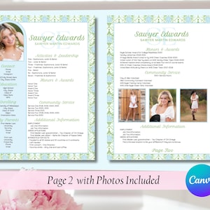 May include: A two-page document with a light blue background and floral border. The first page includes a photo of a young woman, contact information, education, and activities. The second page has photos, honors, and community service details.