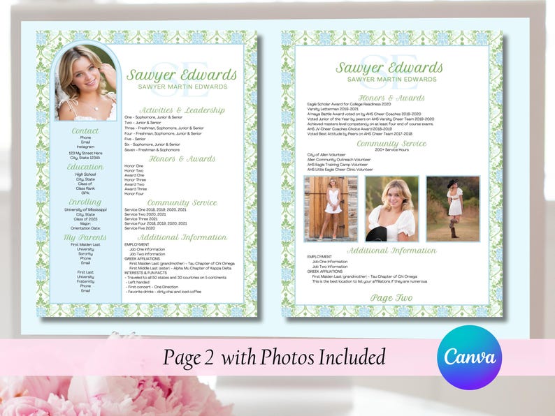 May include: A two-page document with a light blue background and floral border. The first page includes a photo of a young woman, contact information, education, and activities. The second page has photos, honors, and community service details.