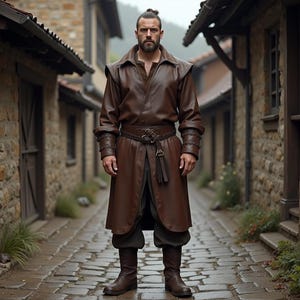 Men’s Brown Genuine Leather Medieval Coat | Long Warrior Robe with Belt | Fantasy Tunic Costume For Him | Renaissance LARP Cosplay Outfit