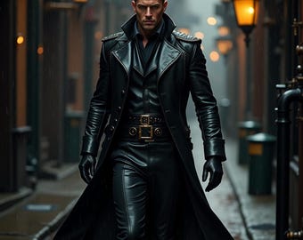 May include: A person wearing a black leather coat, shirt, pants, and gloves. The coat has a wide collar and decorative shoulder accents. A gold-colored buckle secures the belt. The person is walking down a narrow, wet alleyway with streetlights.