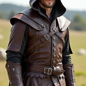 Brown Hooded Genuine Leather Armor | Medieval Rogue Warrior Outfit For Him | Fantasy Assassin Cosplay Costume | LARP Battle Tunic for Men