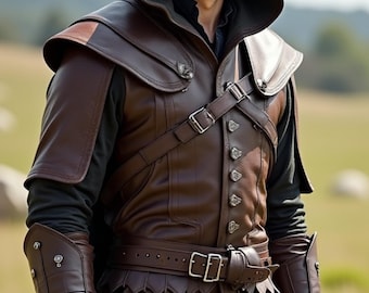 Brown Hooded Genuine Leather Armor | Medieval Rogue Warrior Outfit For Him | Fantasy Assassin Cosplay Costume | LARP Battle Tunic for Men