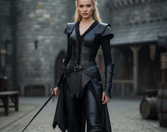Black Custom Leather Warrior Dress | Gothic Cosplay Outfit | Fantasy Sorceress Costume | Medieval LARP Gown