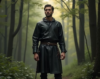 Forest Sentinel Leather Ranger Tunic | Hooded Medieval Hunter Coat | LARP Woodland Scout Outfit | Custom Fantasy Garb | Adventure-Ready Wear