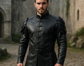 Medieval Premium Leather Armor Jacket | Black Leather Jacket with Studs | Men's Fantasy Coat | Knight Warrior Style Jacket | Cosplay Fashion