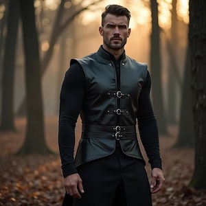 Medieval Genuine Leather Armor Vest | Fantasy Warrior Tunic | Stylish Black Leather Outfit | Men&#39;s Fantasy Clothing for LARP and Cosplay