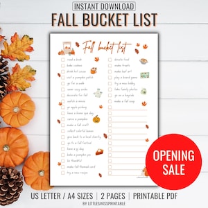 Printable Fall Bucket list, Instant download Pdf, Autumn bucket list,  Fall checklist,  Fall planner, Autumn printable, Fall acivities list