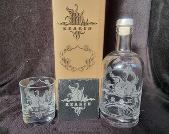 Kraken and ship decanter glass box sets can be personalised names and messages