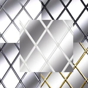 May include: A collage of five square mirror panels featuring a diamond-shaped grid pattern. The mirrors display various frame finishes including polished silver, matte black, and brushed gold, with small circular studs at each intersection point.