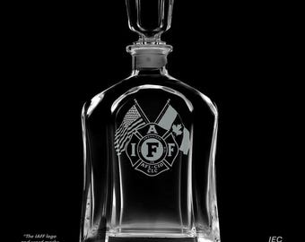 IAFF 25 Ounce Whiskey Decanter With Optional 10 or 14  Ounce Rocks Glasses and Free Optional Personalization (IAFF Officially Licensed)