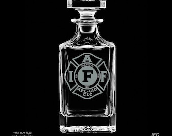 IAFF 25 Ounce Whiskey Decanter With Optional 10 or 14  Ounce Rocks Glasses and  Free Optional Personalization (IAFF Officially Licensed)