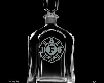 IAFF 25 Ounce Whiskey Decanter With Optional 10 or 14  Ounce Rocks Glasses and Free Optional Personalization (IAFF Officially Licensed)