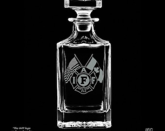 IAFF 25 Ounce Whiskey Decanter With Optional 10 or 14  Ounce Rocks Glasses and Free Optional Personalization (IAFF Officially Licensed)