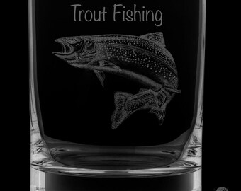 Trout Fishing 12 Ounce Rocks Glass - Image Drawn by Local Artist KW.