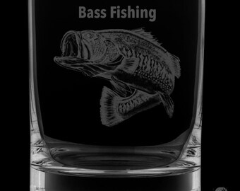 Bass Fishing 12 Ounce Rocks Glass - Image Drawn by Local Artist KW.