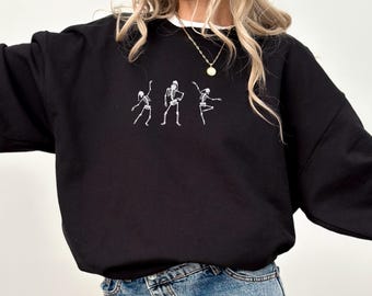 Dancing Skeletons Sweatshirt | Black Halloween Crewneck | Spooky Fall Pullover | Skeleton Graphic Sweater